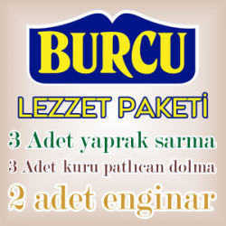 BURCU LEZZET PAKETİ, 3 ADET BURCU ZEYTİNYAĞLI YAPRAK SARMA, 3 ADET BURCU SUMAKLI KURU PATLICAN DOLMA, 2 ADET ZEYTİNYAĞLI ENGİNAR, KARGO BEDAVA 